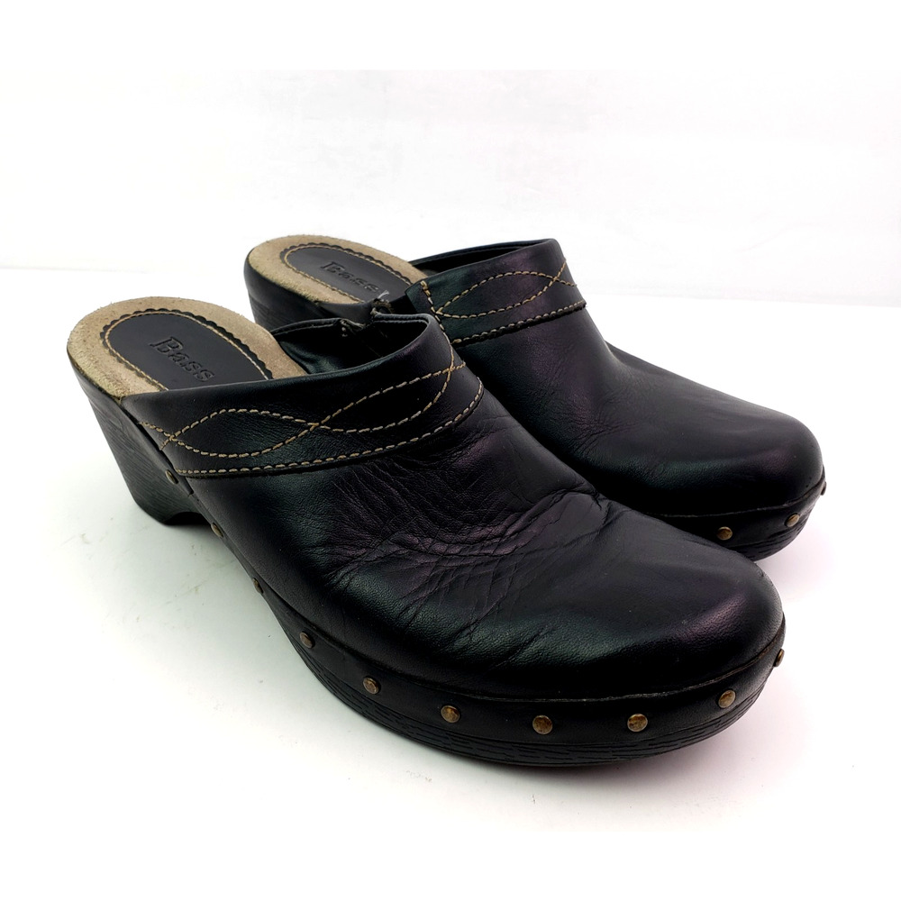 Black Leather Women's Clogs